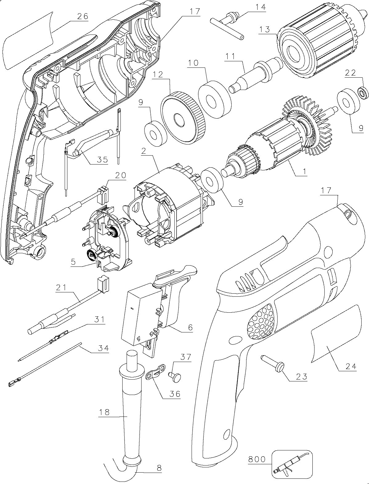 Default Diagram and Parts List for D21002-B2 Type 1 Black and Decker Boring Machine
